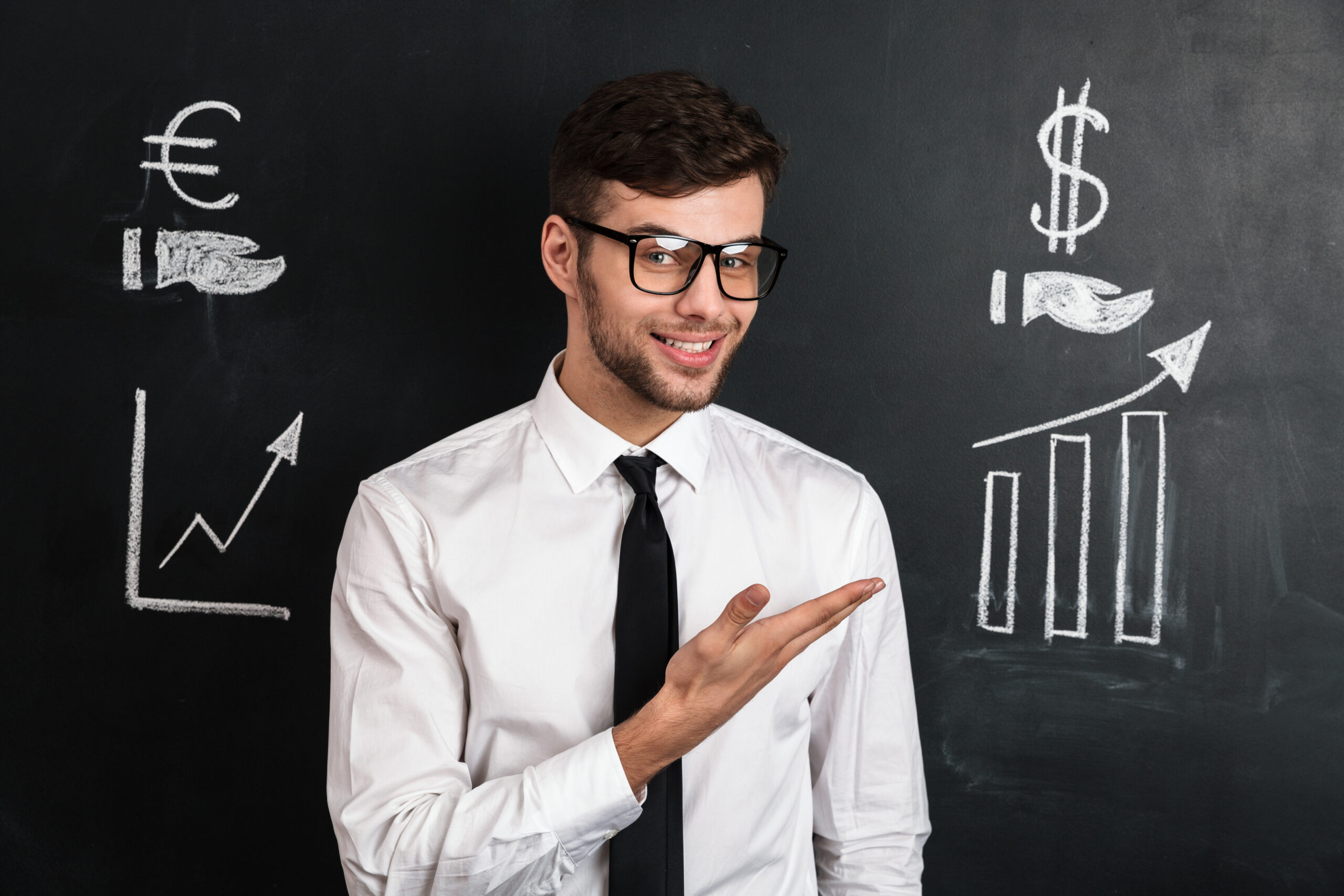 young successful man white shirt presenting new financial project scaled